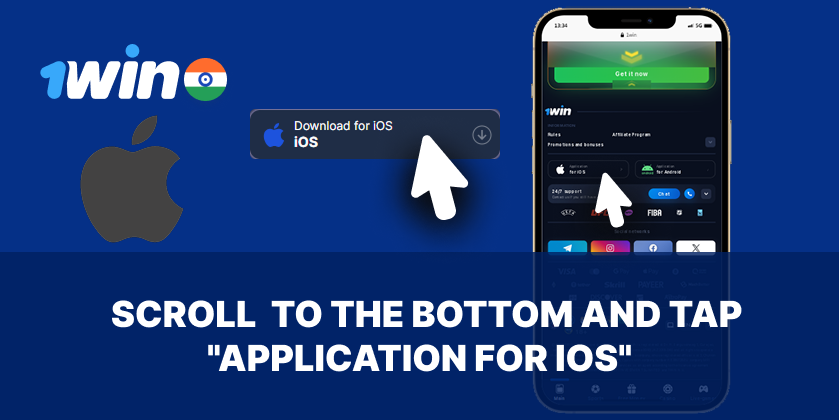 Locate the iOS app link on the 1win website footer